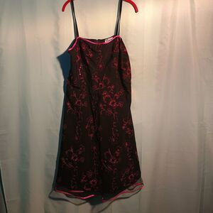 Black Floral Embroidered Slip Dress – Pink Trim Spaghetti Strap Midi Dress